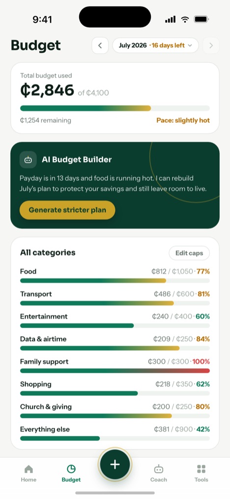 The budget screen, showing payday envelopes and how much is left in each.