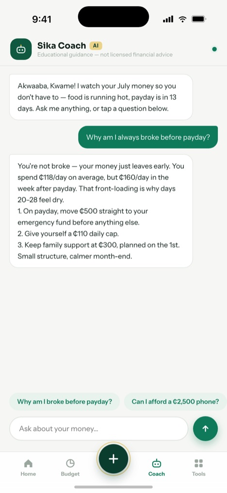 The Sika Coach chat screen, answering a question about this month's spending.