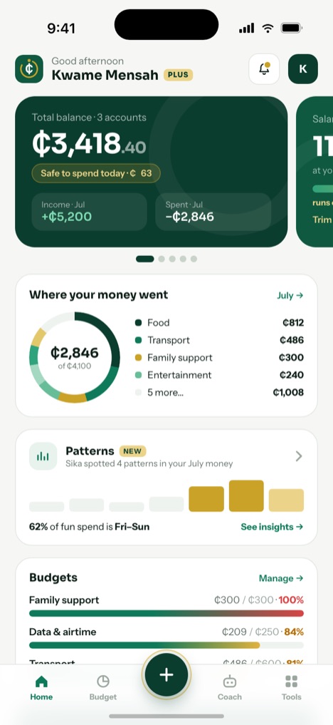 The Sikanest home screen, showing total balance, the salary-survival meter and recent transactions.